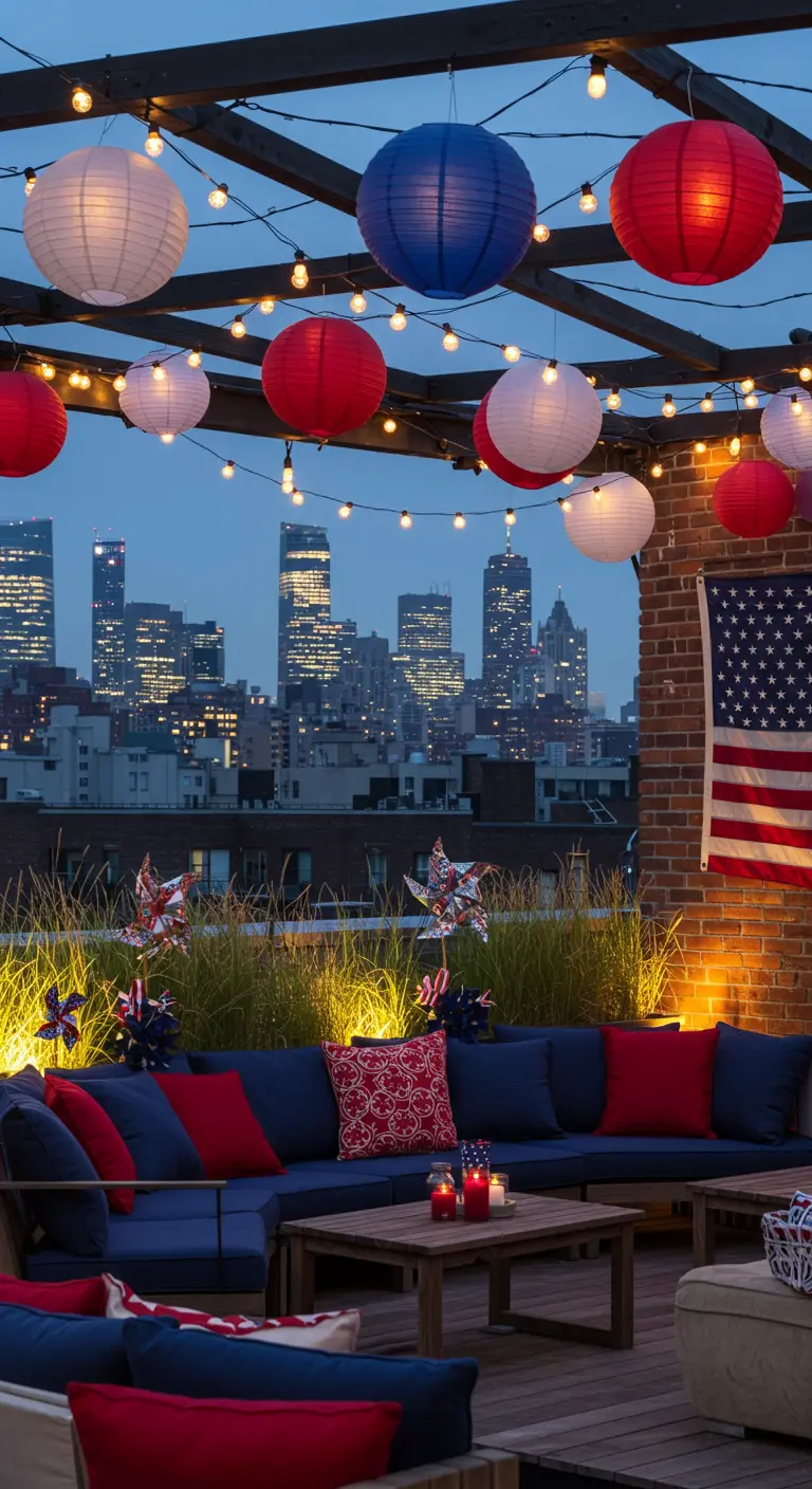 Rooftop party at dusk with paper lanterns, string lights, and a view of the city skyline.
