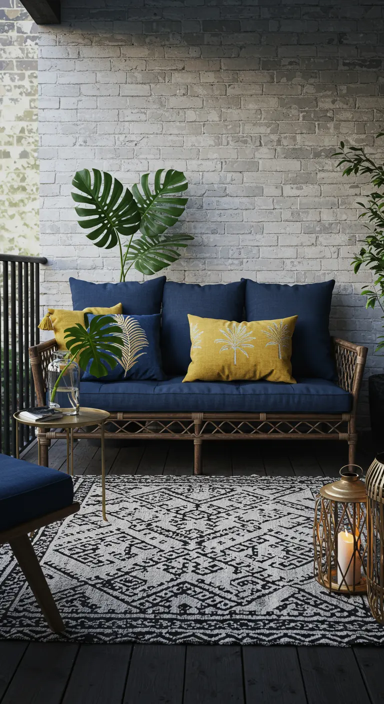 Rattan sofa with navy and yellow pillows against a white brick balcony wall.