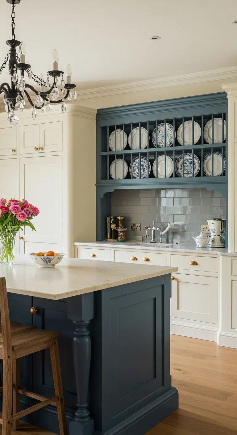 Buttermilk kitchen with a large island and plate rack painted in a contrasting deep blue.
