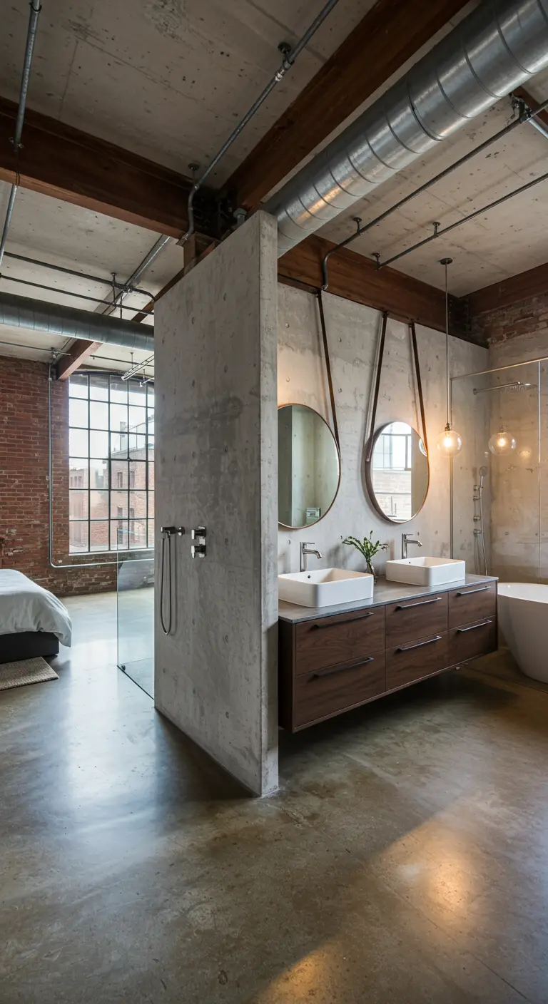 Open-plan loft bathroom separated from the bedroom by a concrete wall.