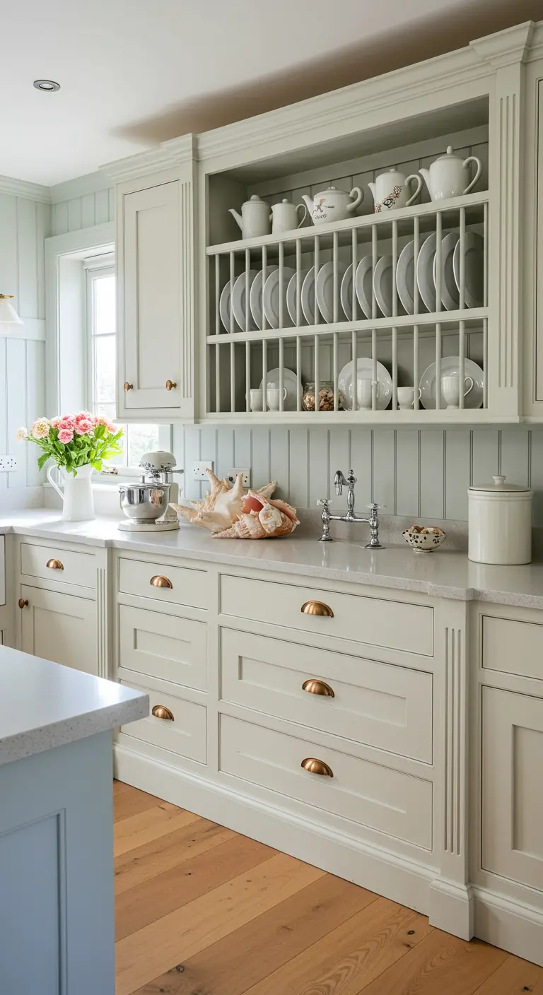 Pale blue-green kitchen cabinets with a beadboard backsplash and open plate rack.