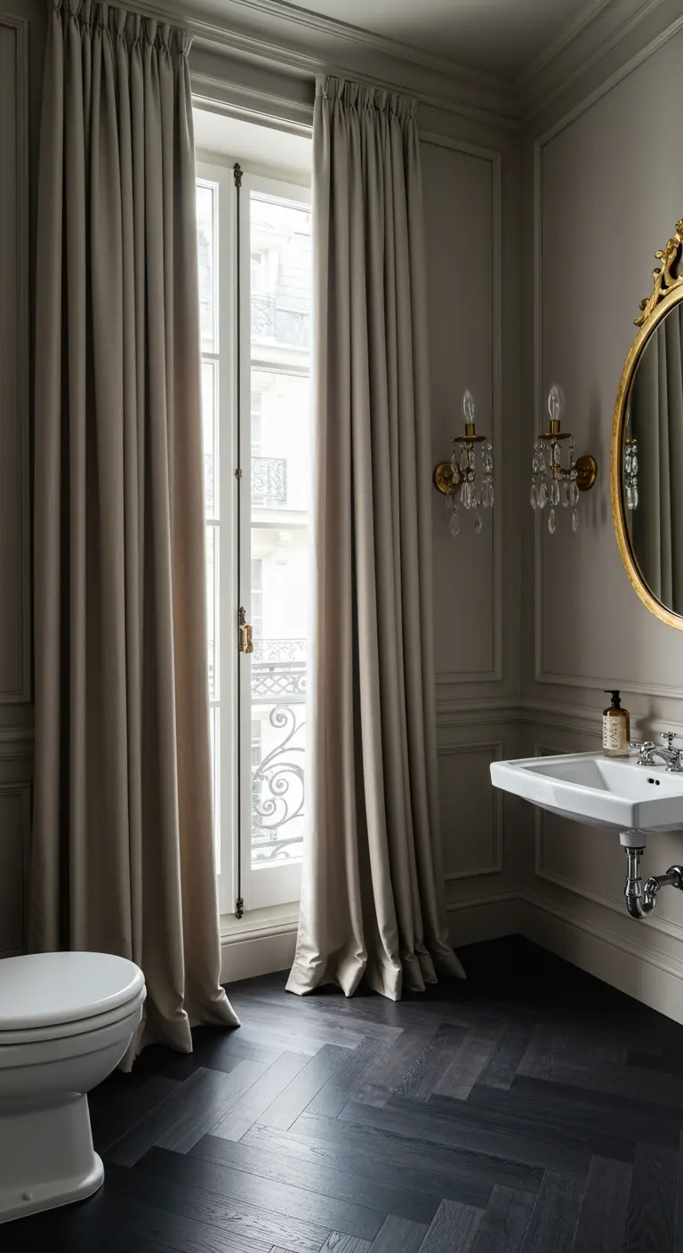 Moody powder room with heavy, floor-length grey curtains and dark herringbone floors.