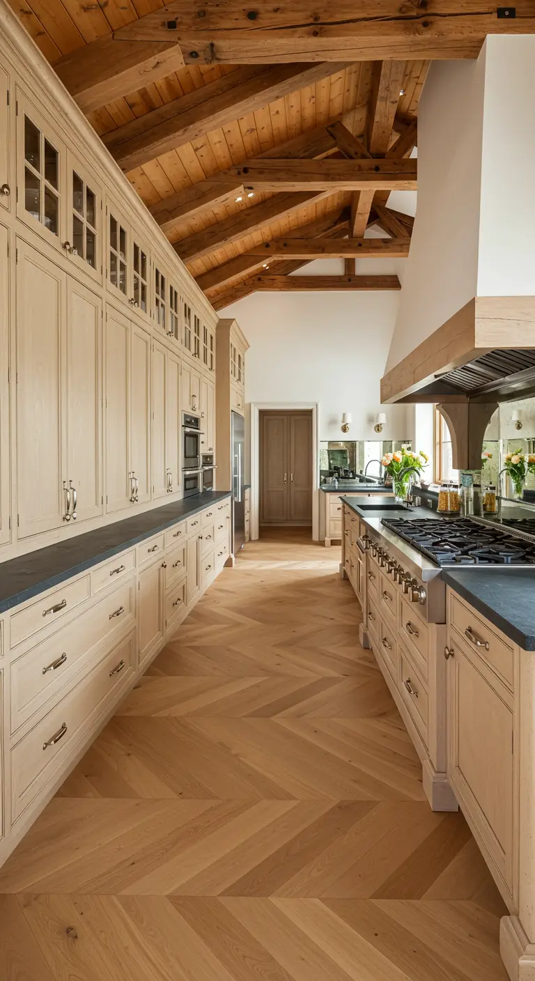 Long rustic kitchen with herringbone wood floors and tall cream cabinets.