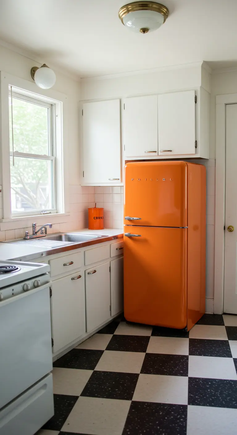 White kitchen with a vibrant orange retro fridge and black and white checkerboard floors.