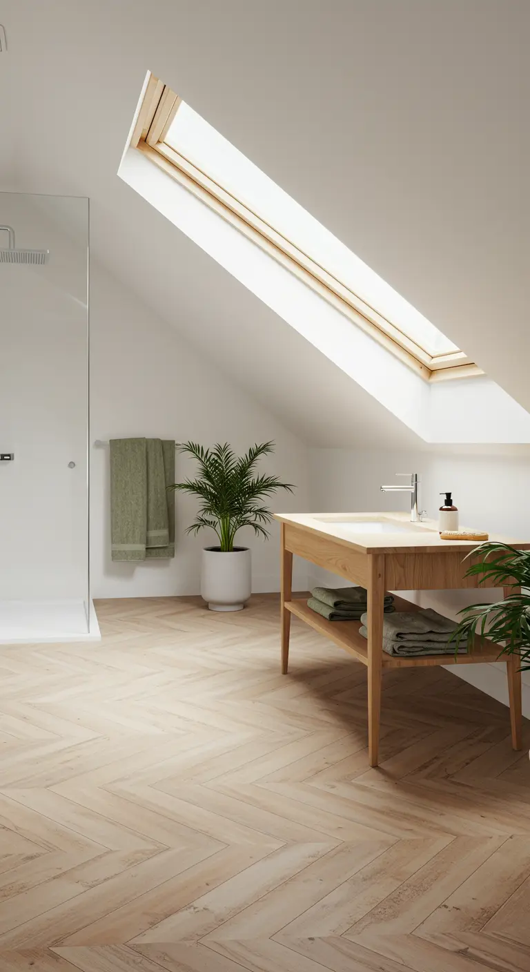 Attic bathroom with a large skylight, light herringbone wood floors, and a simple wood vanity.