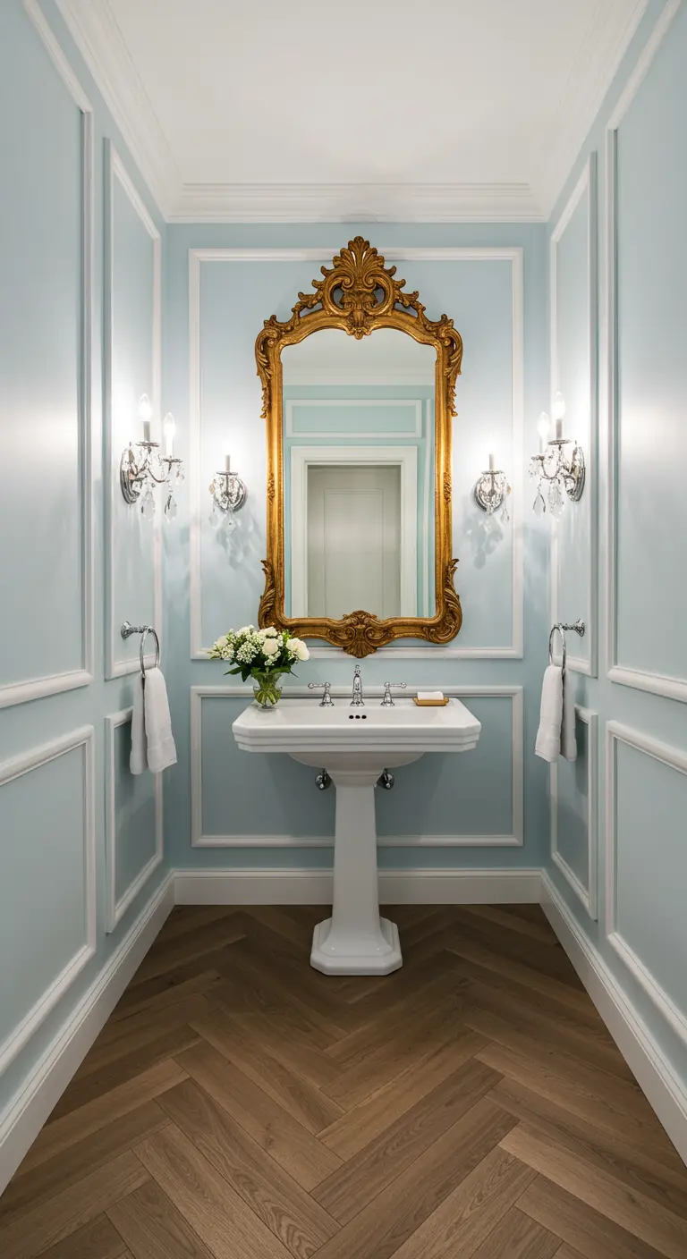 Elegant powder room in powder blue with white moulding and an ornate gold mirror.