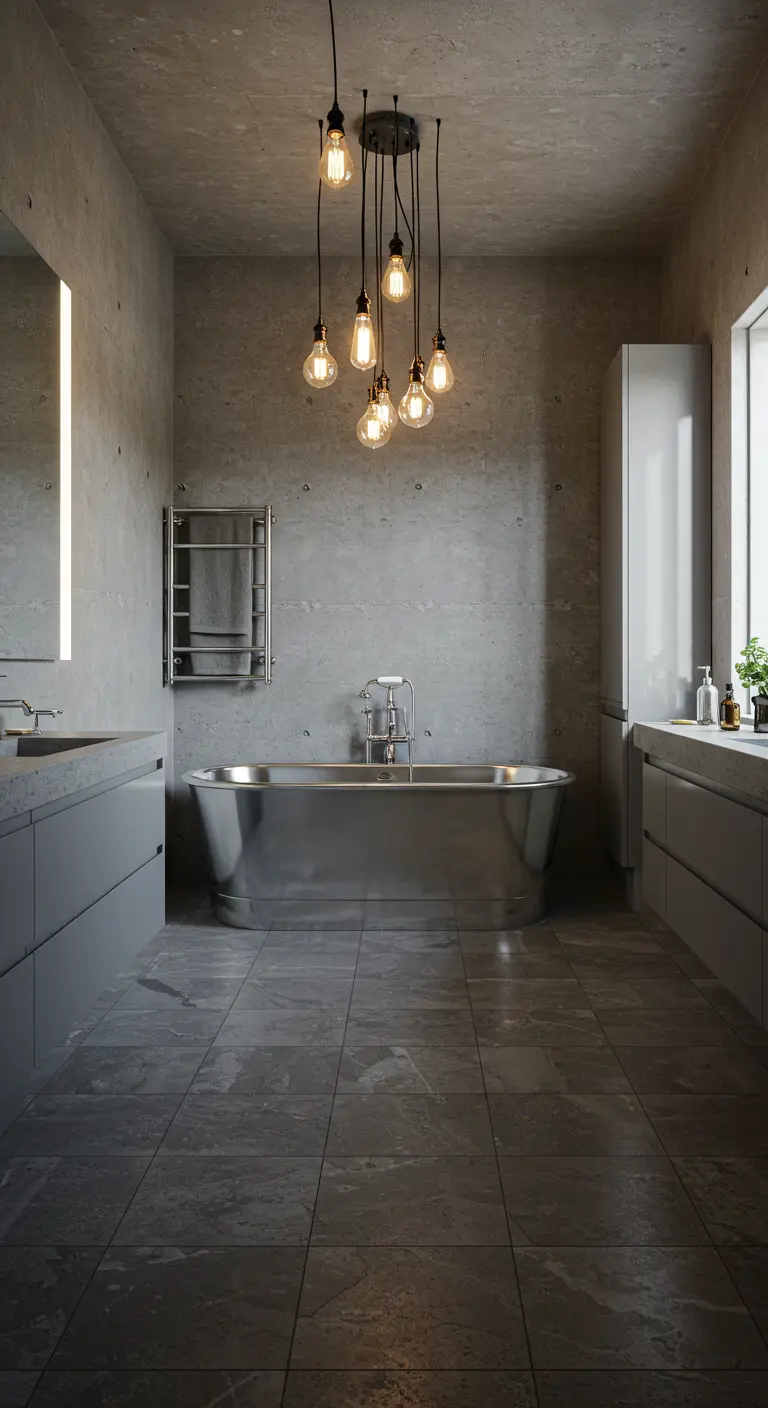 Grey industrial bathroom featuring a polished stainless steel bathtub.