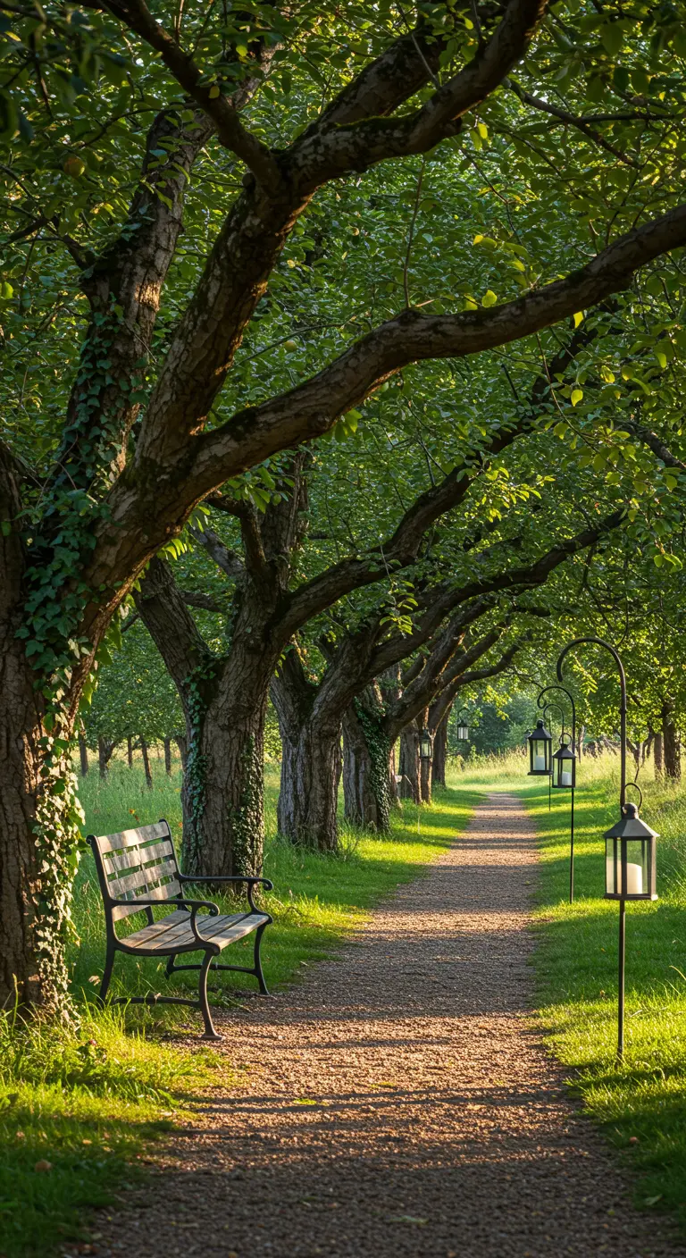 A bench on a grassy path lined with trees and black shepherd's hooks holding hanging lanterns.