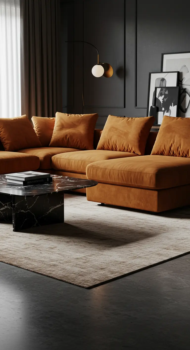 A burnt orange velvet sectional sofa against a dark charcoal wall.