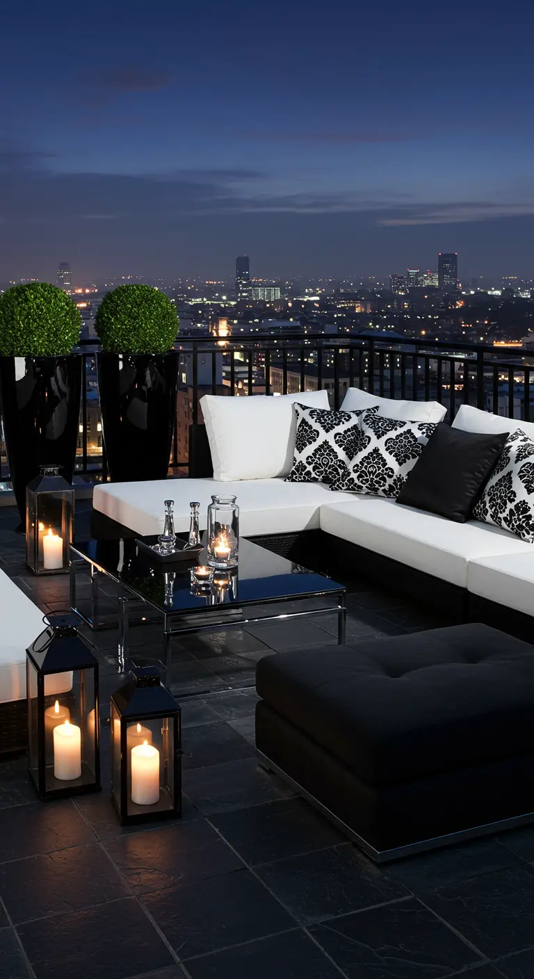 Luxurious rooftop lounge with glossy black planters and damask pillows.