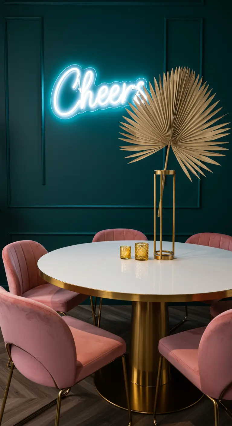 Chic teal and pink room with velvet chairs and a blue 'Cheers' neon sign.