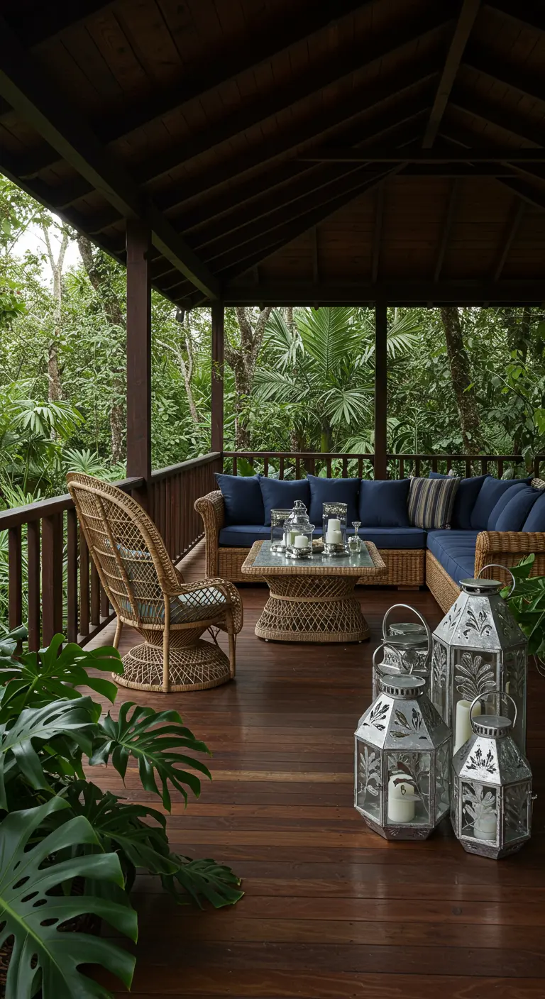 Wicker porch furniture with navy cushions surrounded by lush tropical plants.