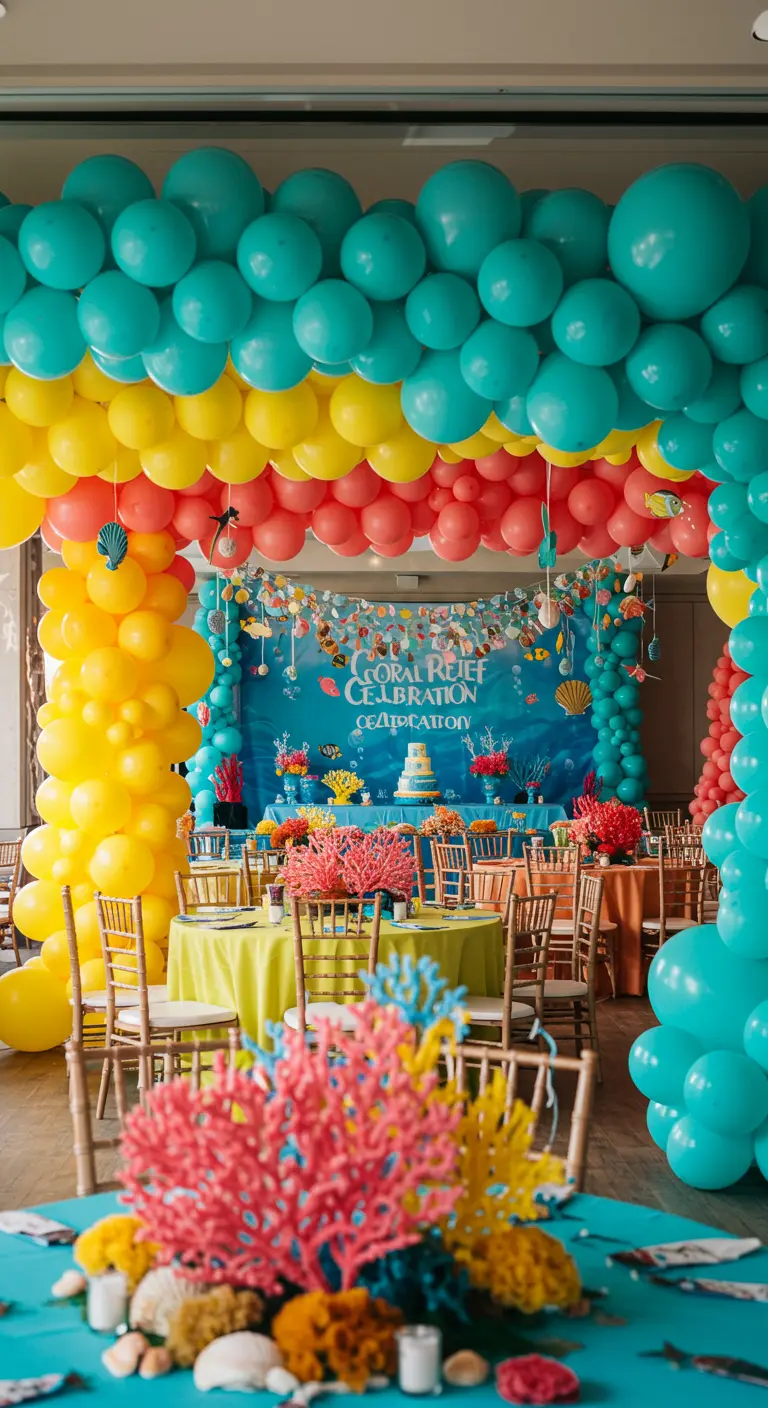 Party room decorated like a coral reef with colorful balloons and decor.