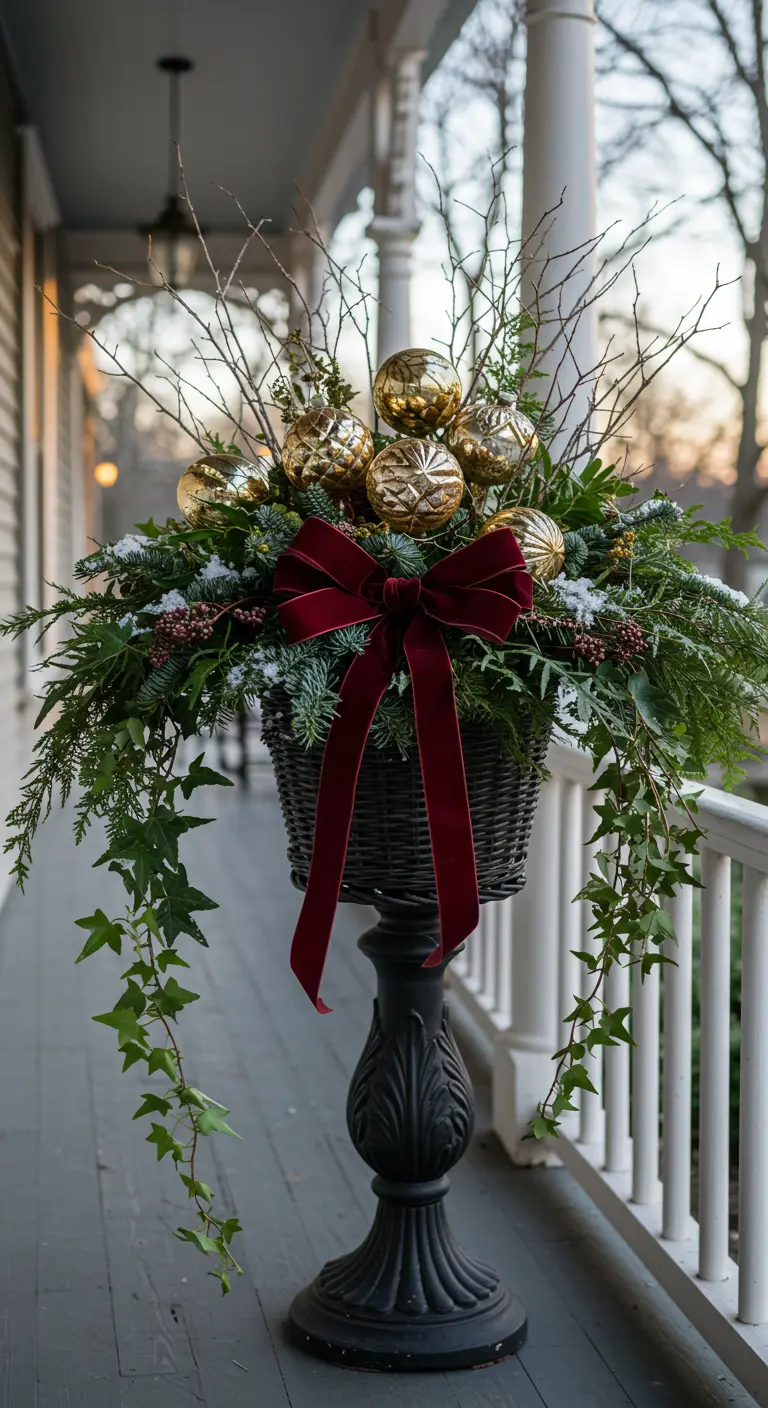 An elevated black planter with evergreens, ivy, gold baubles, and a large velvet bow.