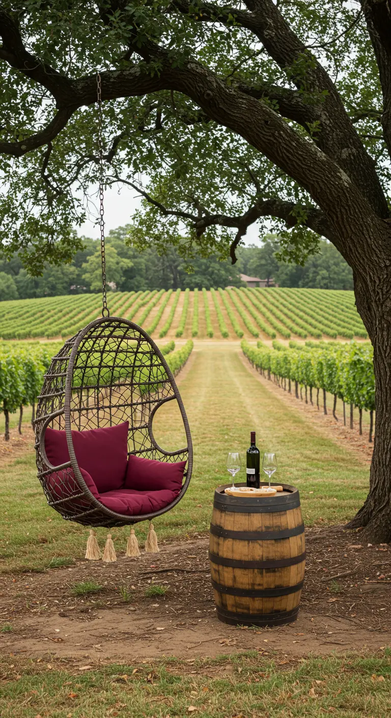A dark rattan egg chair with red cushions overlooking a vineyard, with a wine barrel table.