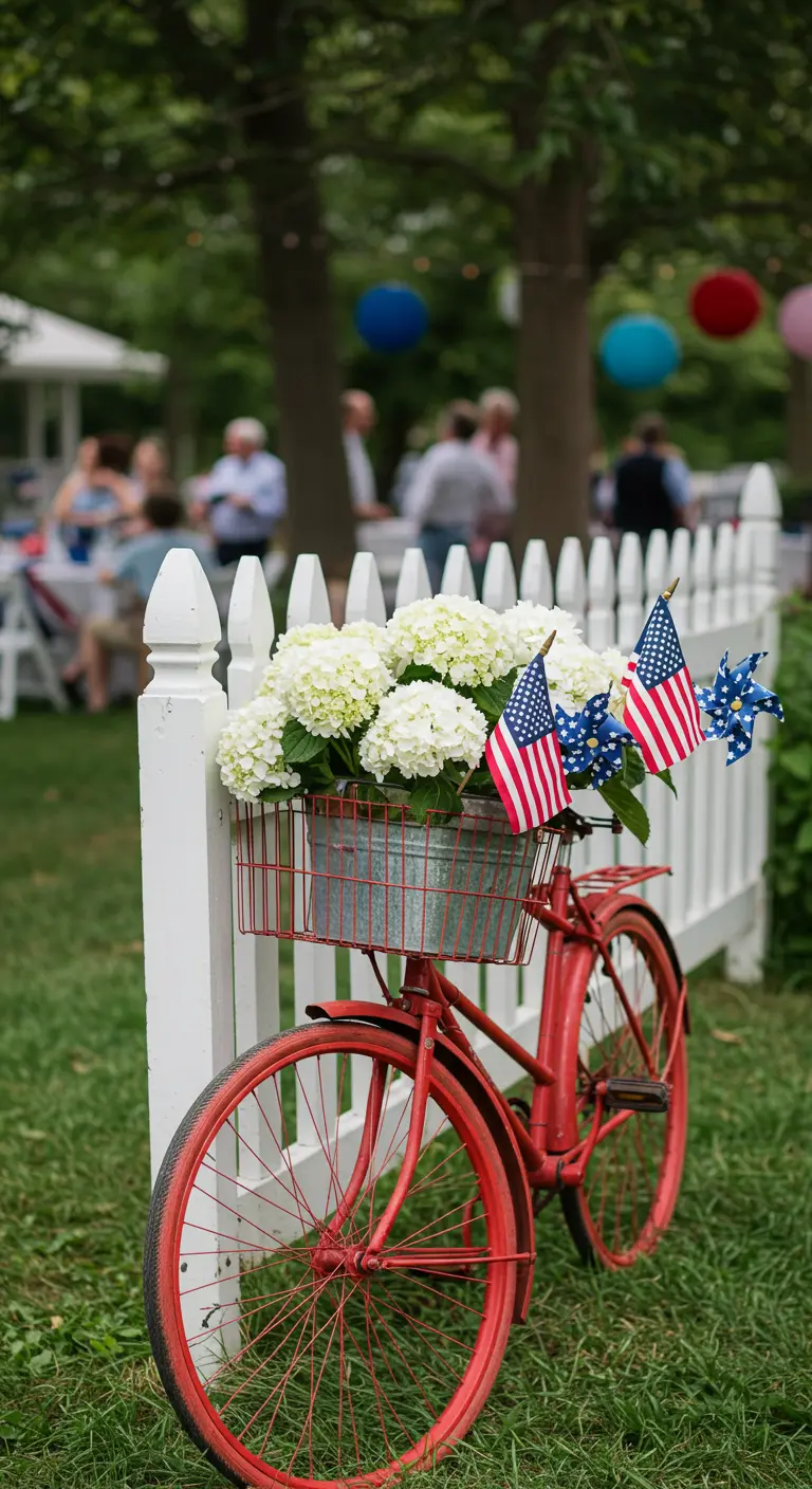 A red bicycle with a basket of white hydrangeas and flags leaning against a white fence.