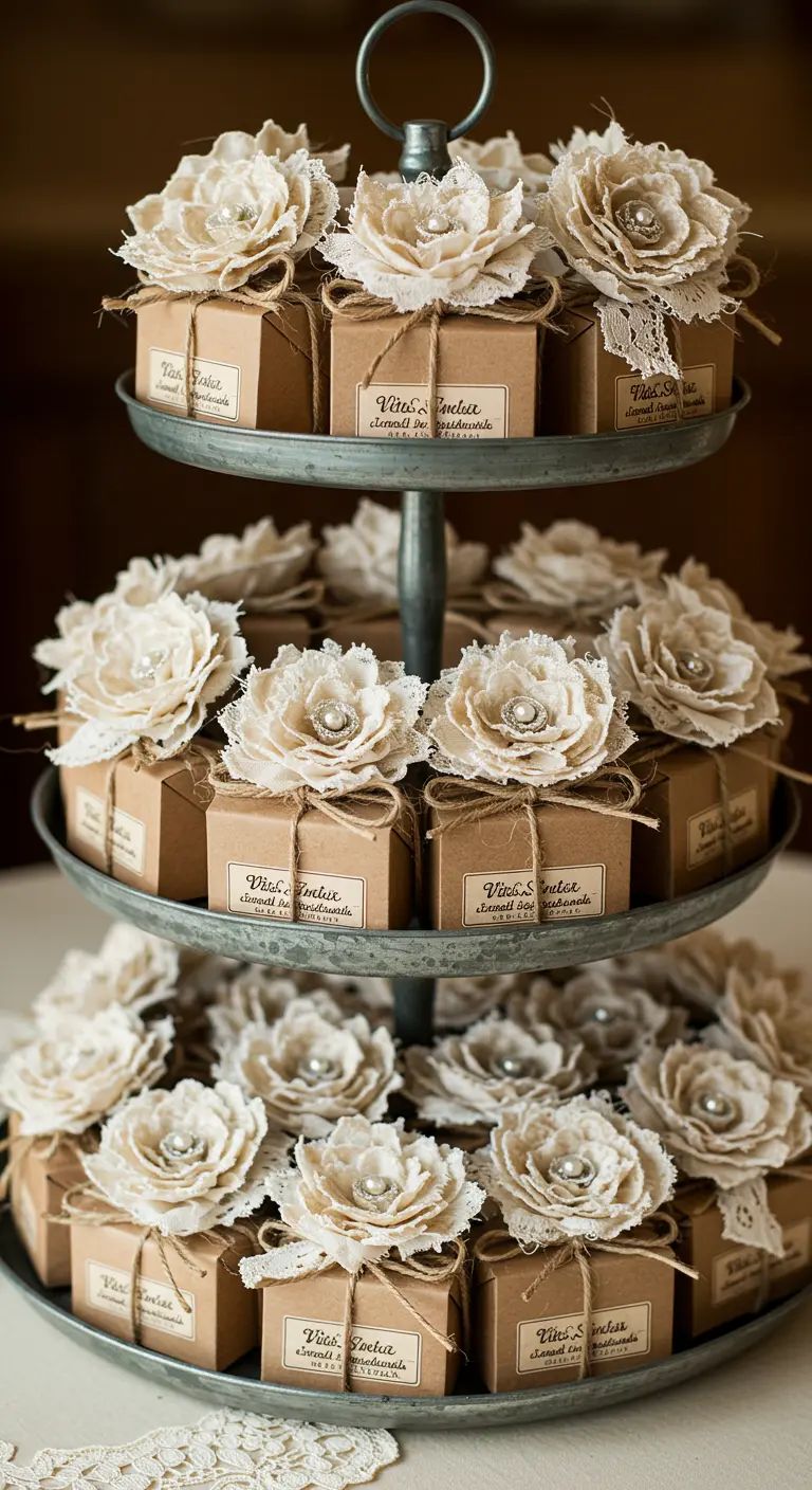 A tiered tray of party favor boxes, each topped with a handmade fabric and lace flower.