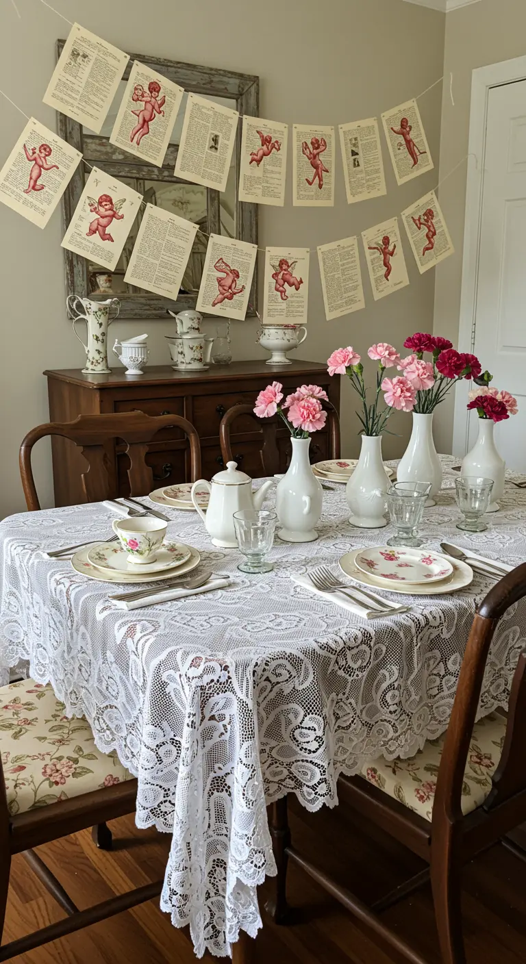 A dining room with a garland made from book pages and red Cupid illustrations.