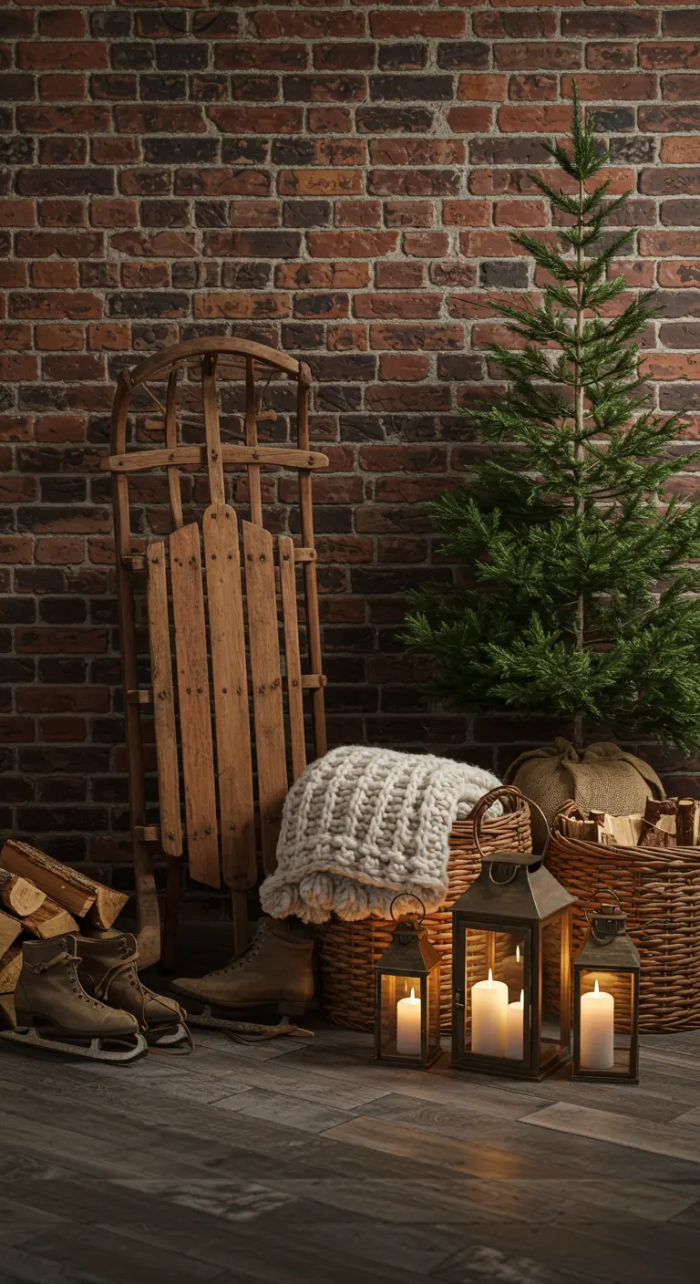 A rustic winter scene with a vintage sled, ice skates, a potted tree, and baskets against a brick wall.