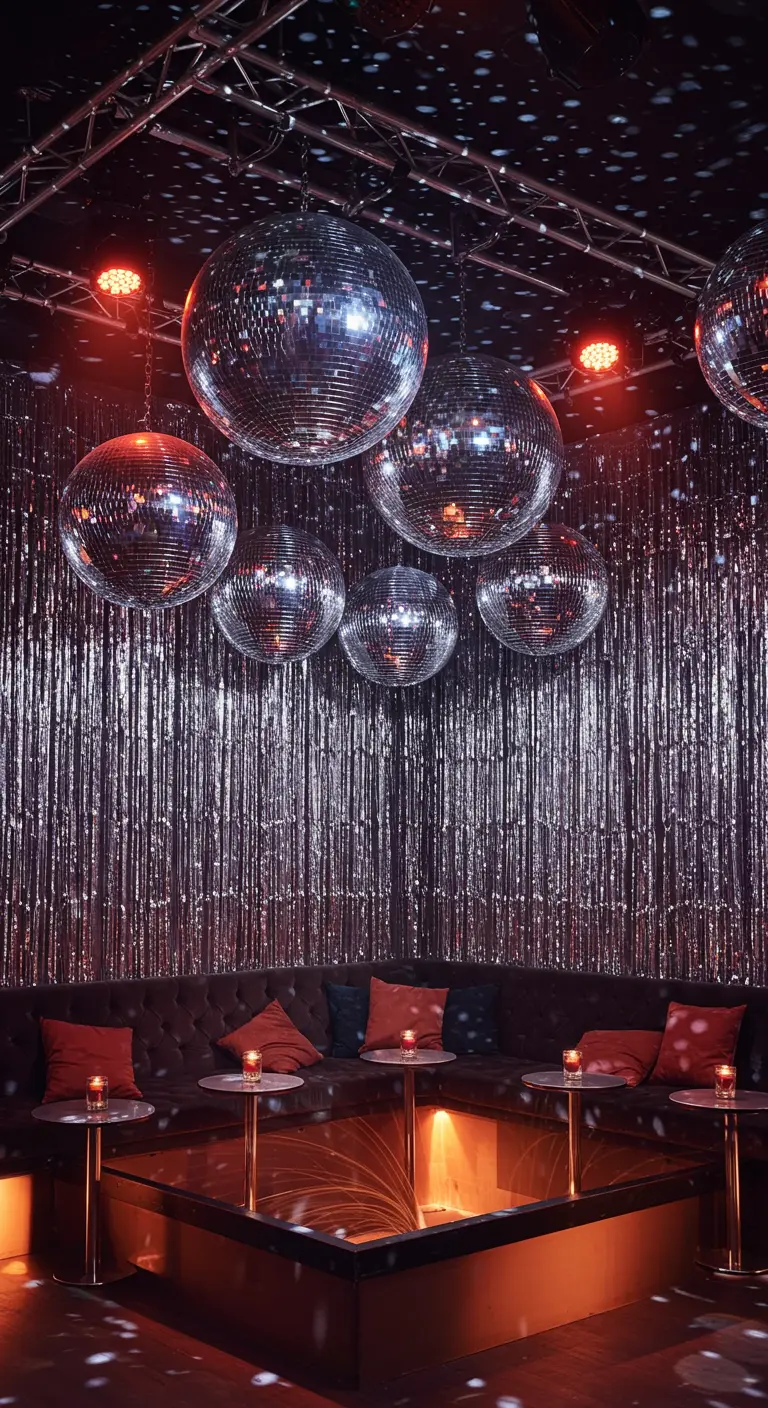 A glamorous sunken lounge with a central table, surrounded by silver fringe and disco balls.