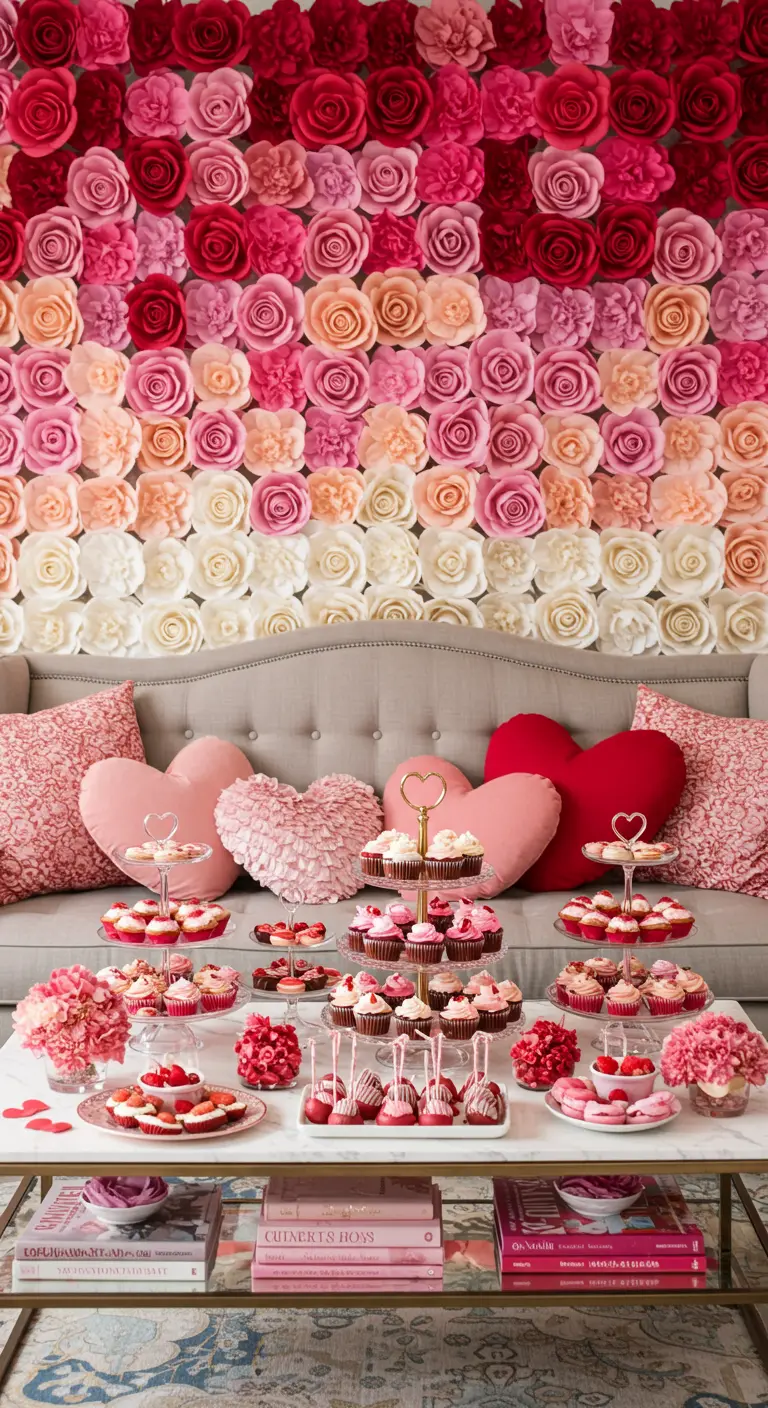 An ombré wall of pink and red paper flowers behind a couch with Valentine's Day desserts.