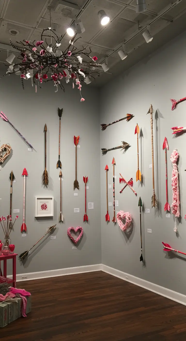 A gallery wall decorated with a collection of different decorative arrows and yarn hearts.