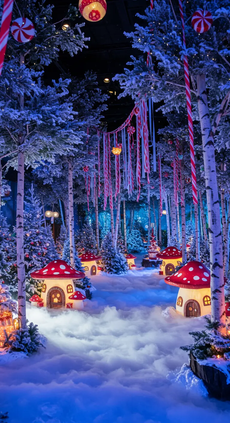Magical forest scene with flocked trees, candy cane ribbons, and glowing mushroom houses.