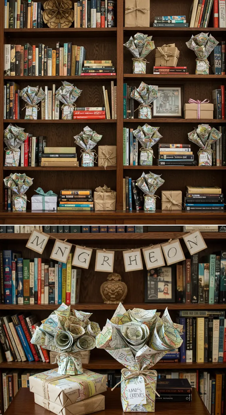 Gifts and small bouquets made from map paper decorating a bookshelf.