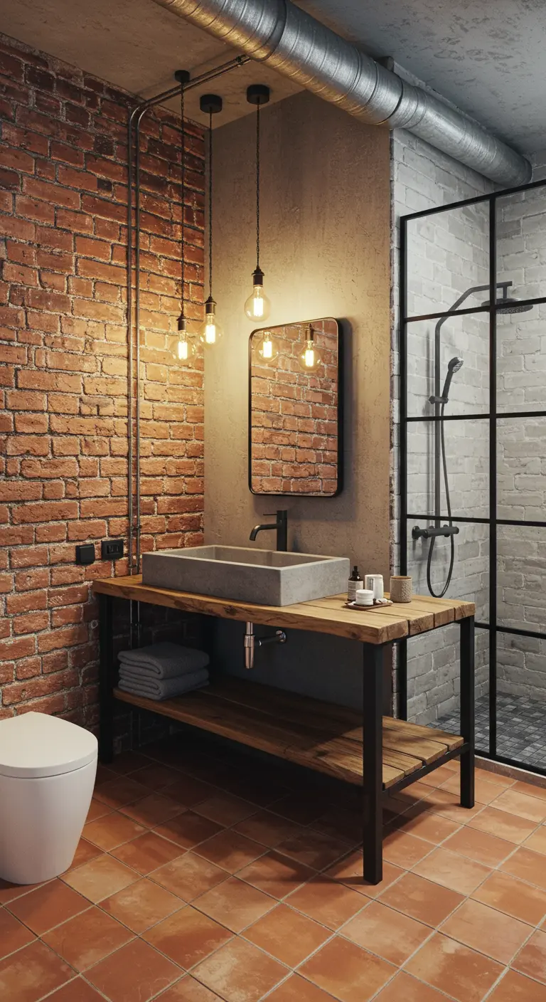 Industrial bathroom with an exposed brick wall, terracotta floor, and concrete sink.