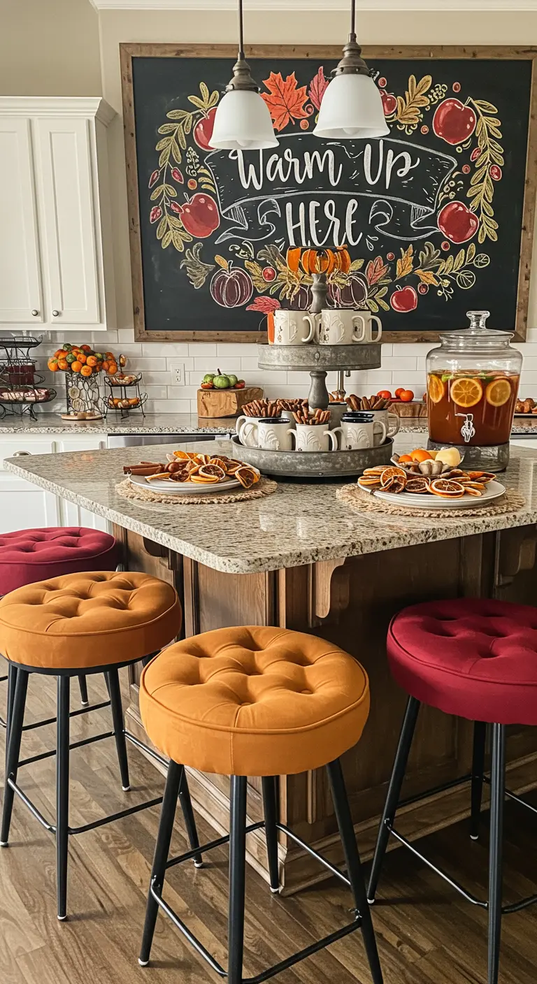 Autumn-themed kitchen island set up as a warm beverage station with chalkboard art and a drink dispenser.