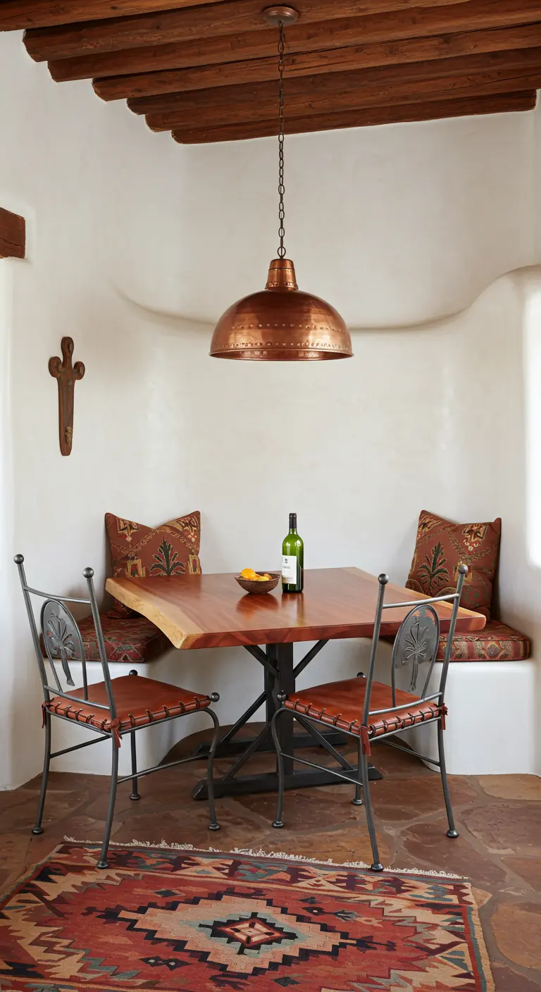 Southwestern-style dining nook with a hammered copper pendant light and a colorful patterned rug.