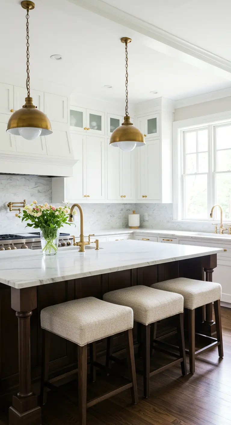 White kitchen with a dark wood island, cream upholstered stools, and large brass pendant lights.
