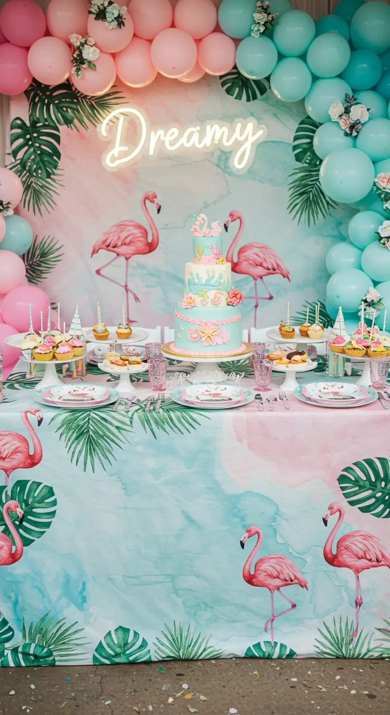 Pastel flamingo-themed dessert table with a watercolor tablecloth and balloon arch.