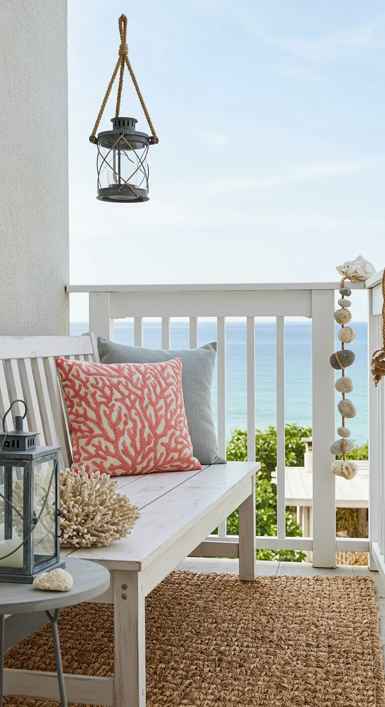 Whitewashed bench with a stone garland hanging from the railing and a lantern on a table.