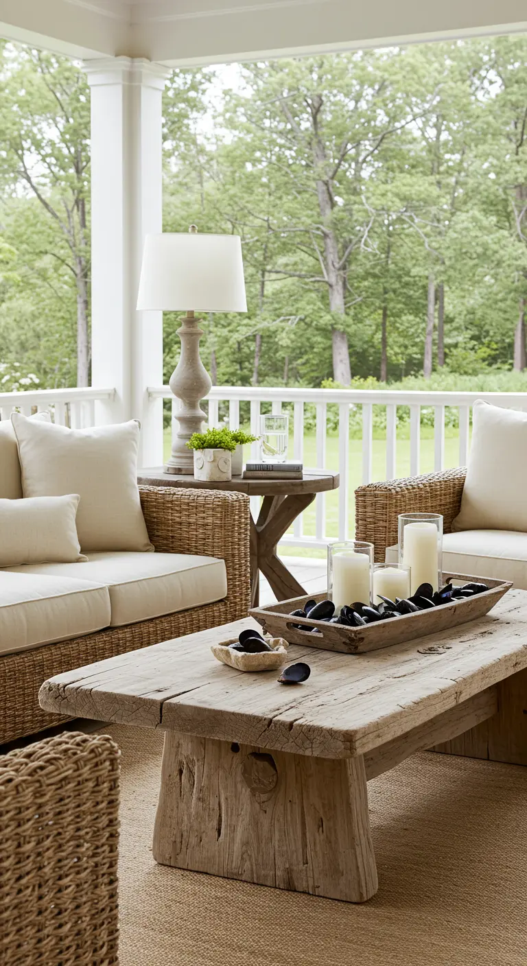 Rustic wooden coffee table with a driftwood bowl filled with mussel shells.