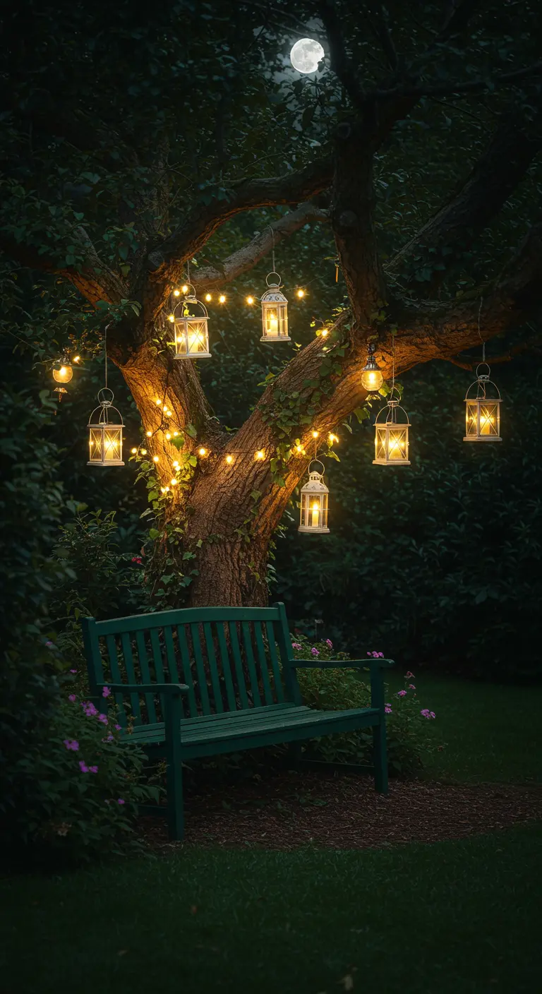 A green bench under a tree at night, illuminated by string lights and hanging lanterns.