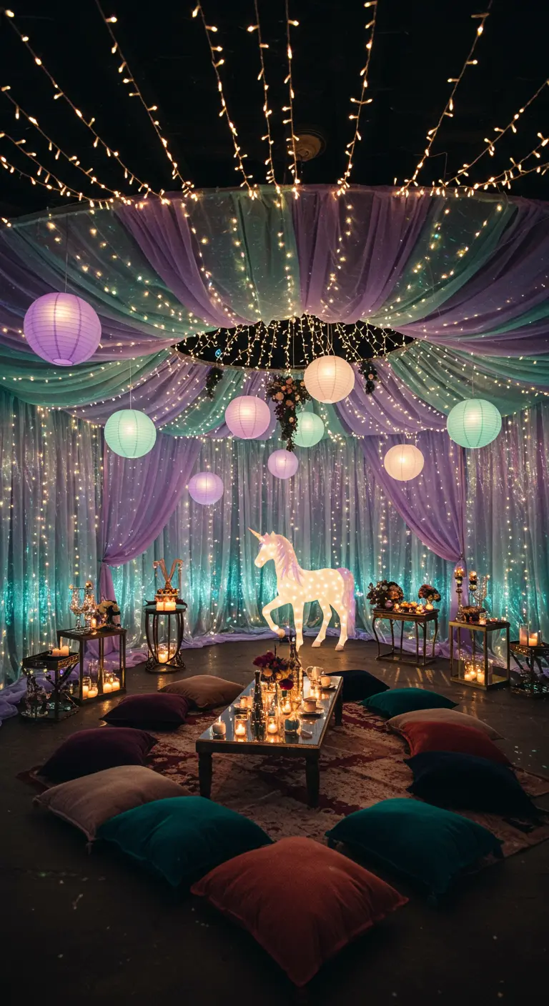 Enchanted unicorn party with glowing drapes, string lights, and floor cushions.