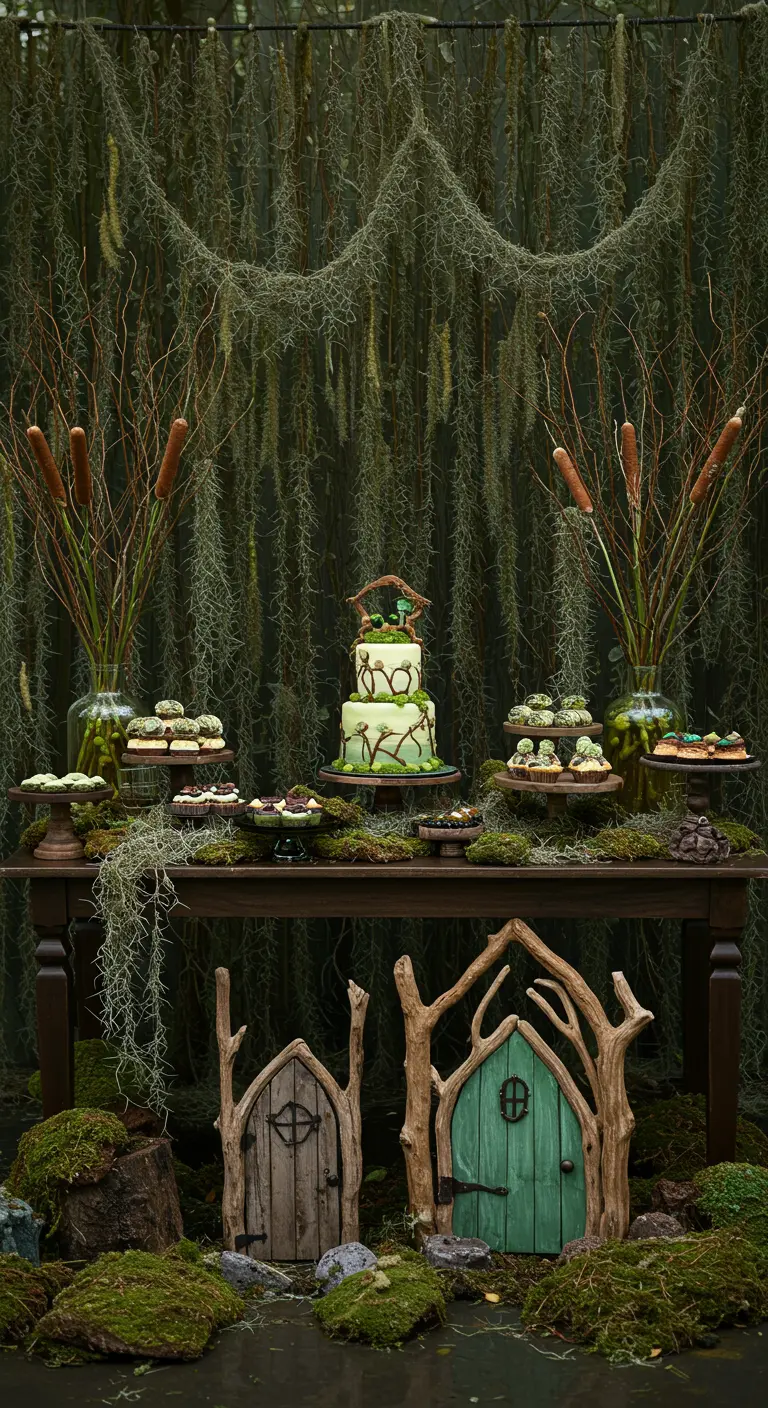A moody swamp-themed fairy party with Spanish moss, cattails, and driftwood fairy doors.