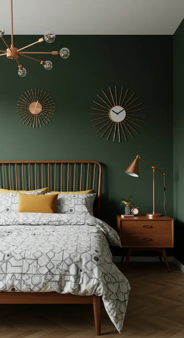 Mid-century modern bedroom with a wood spindle bed, green walls, and copper starburst clocks.