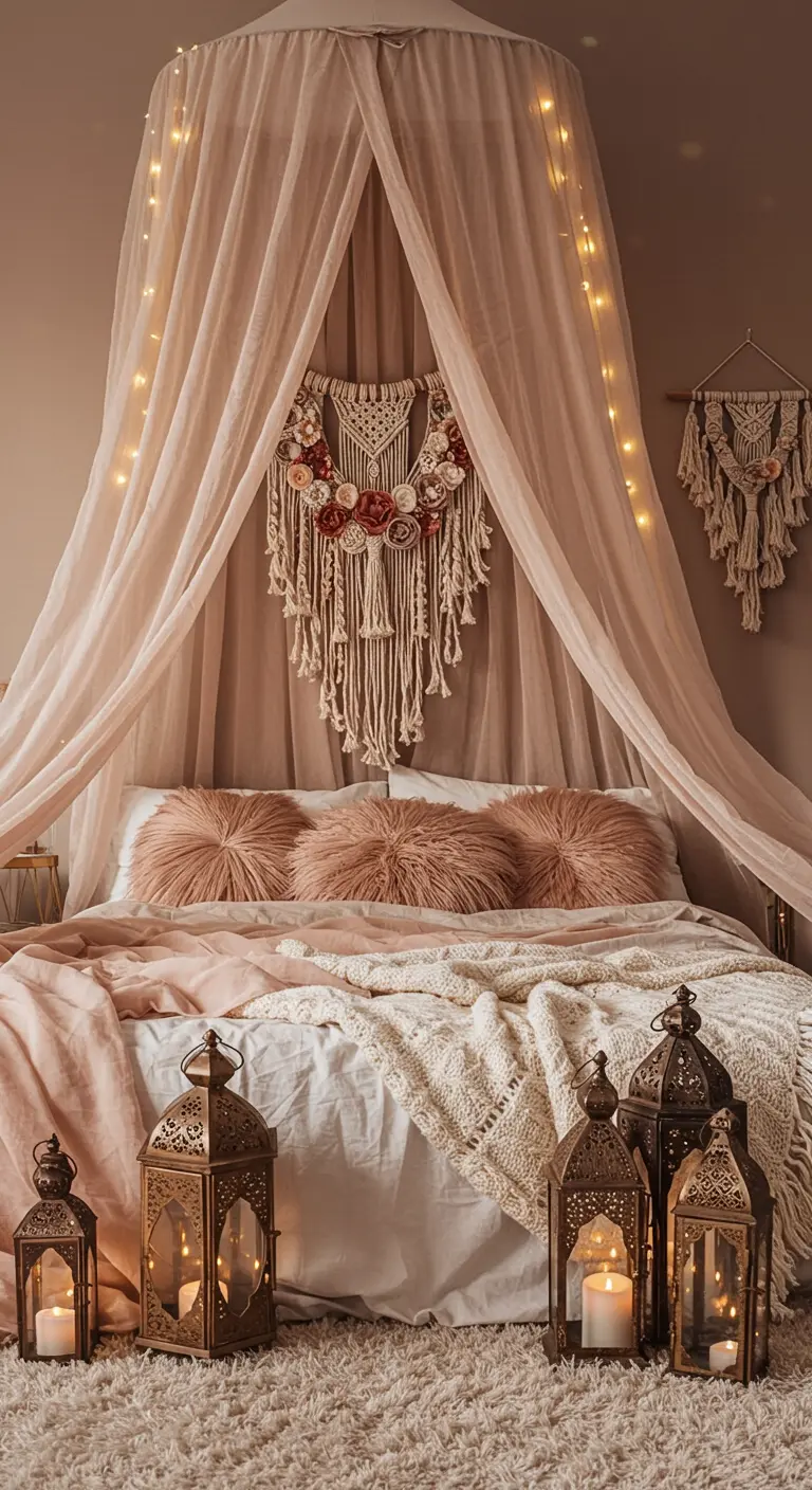 A bed with a sheer canopy, featuring a macramé hanging decorated with flowers and lights.