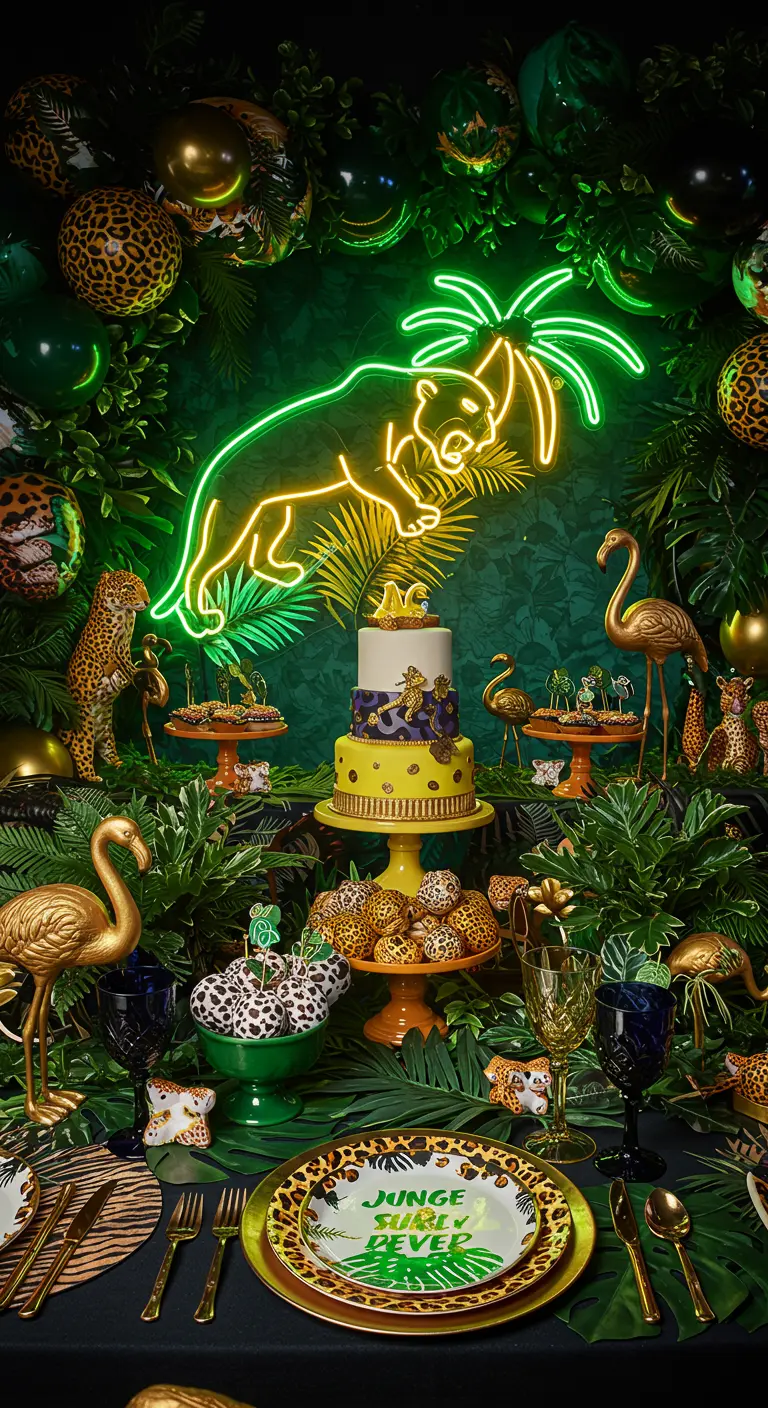 An extravagant jungle-themed party with animal prints, gold flamingos, and a neon sign.