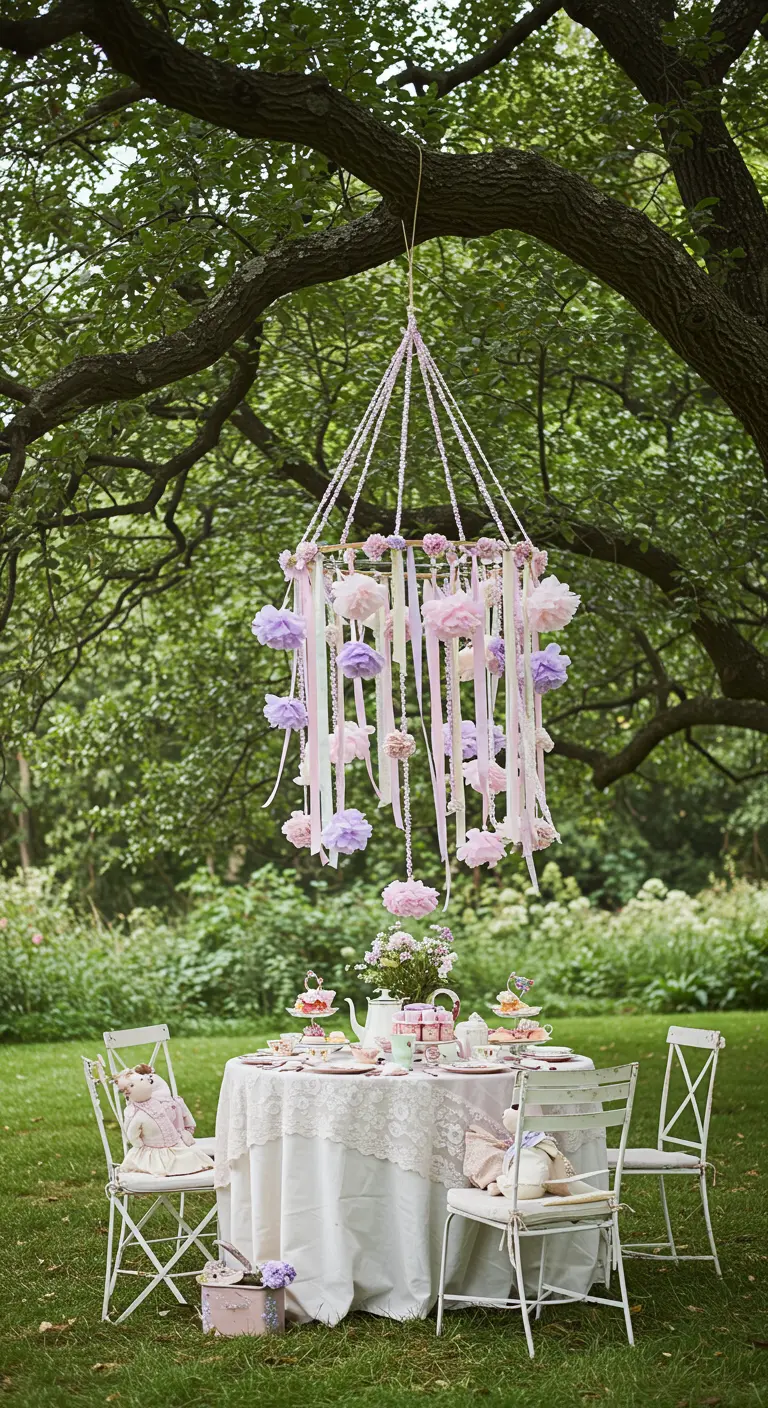 A DIY chandelier with ribbons and paper flowers hanging from a tree over a small garden party table.