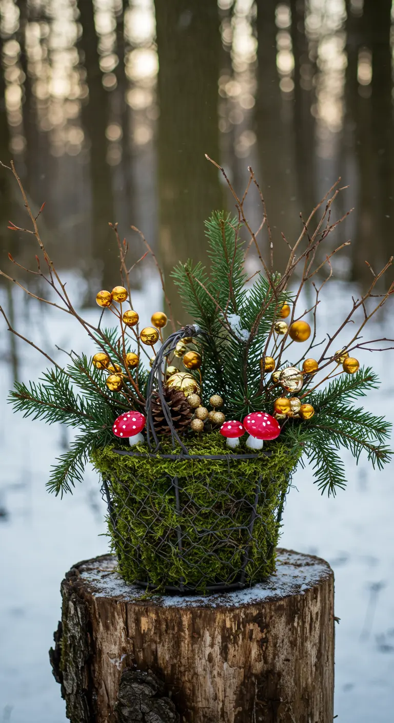 A mossy basket with pine, branches, tiny mushrooms, and gold bell ornaments on a tree stump.