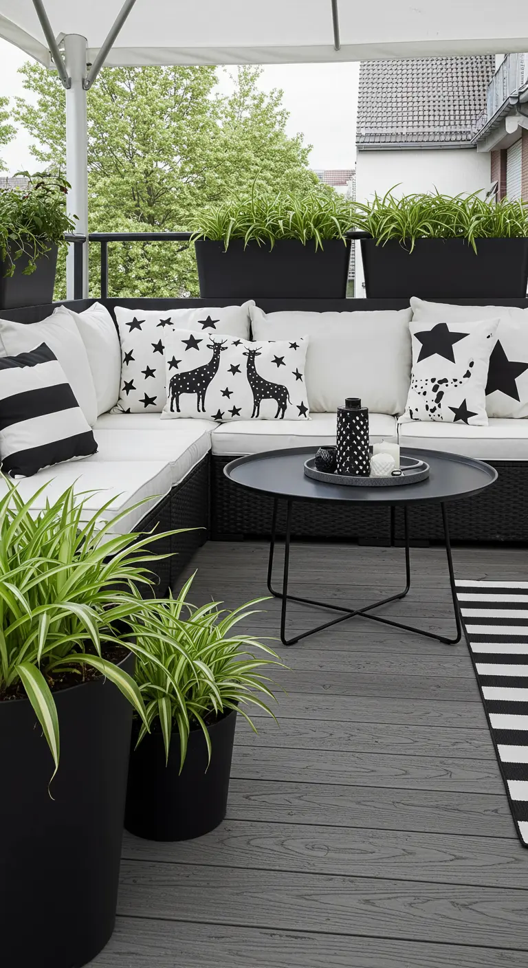 Balcony with black and white pillows featuring deer and star patterns.