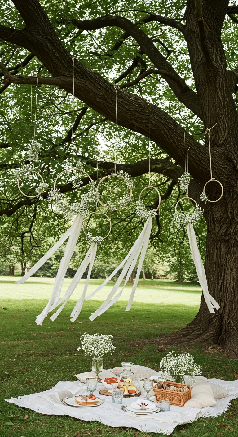 Floral hoops with white ribbons hanging from a large tree branch over a picnic setup.