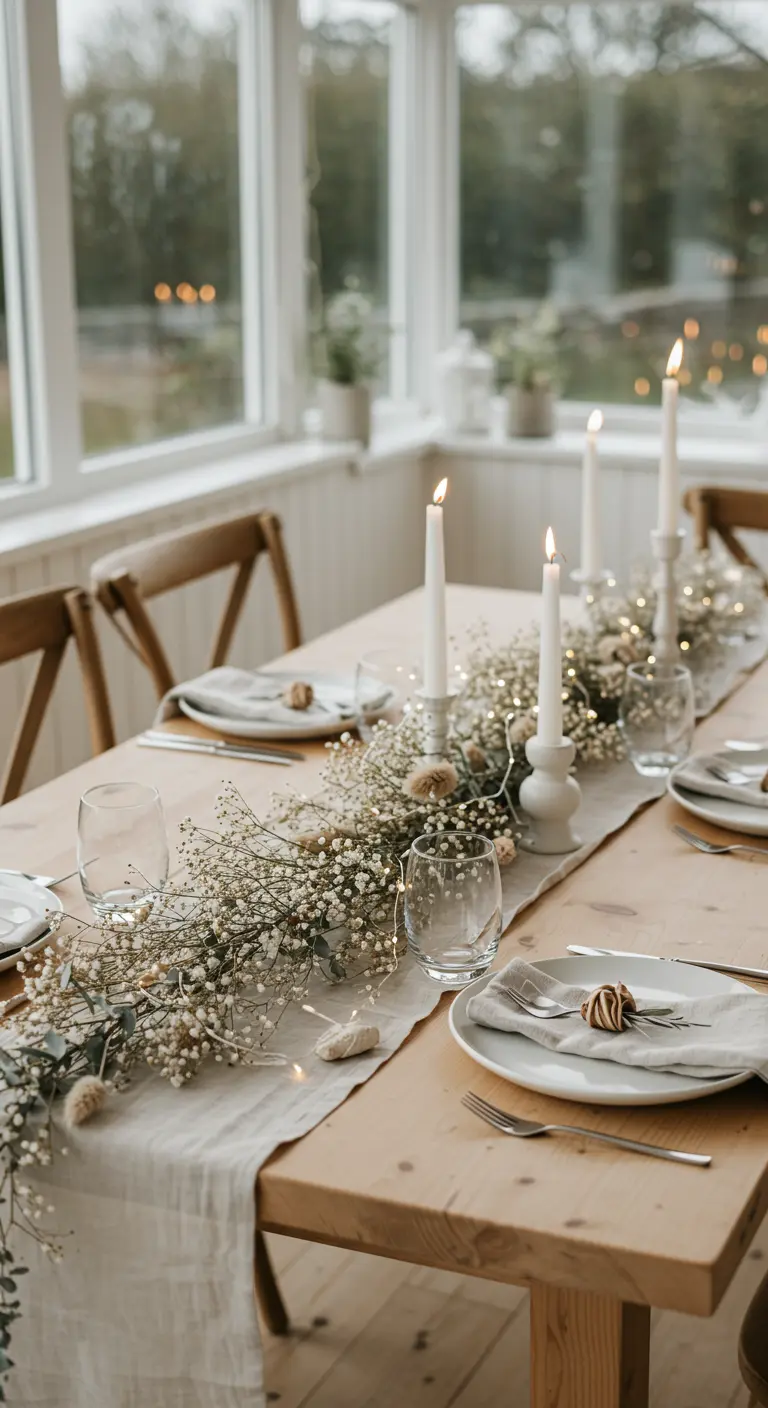 Close-up of a wooden table with a baby's breath garland, candles, and fairy lights.