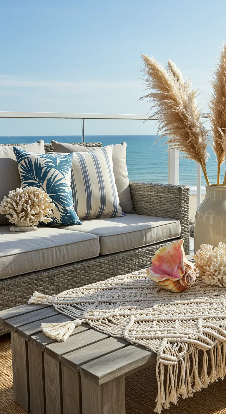 Grey wicker sofa with blue and white coastal pillows, pampas grass, and shells.