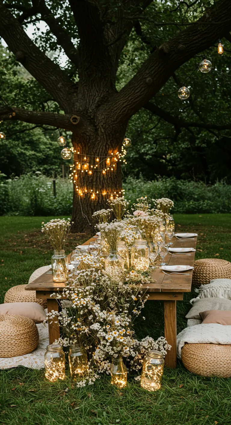 Low picnic table in a garden surrounded by jars of wildflowers and fairy lights.