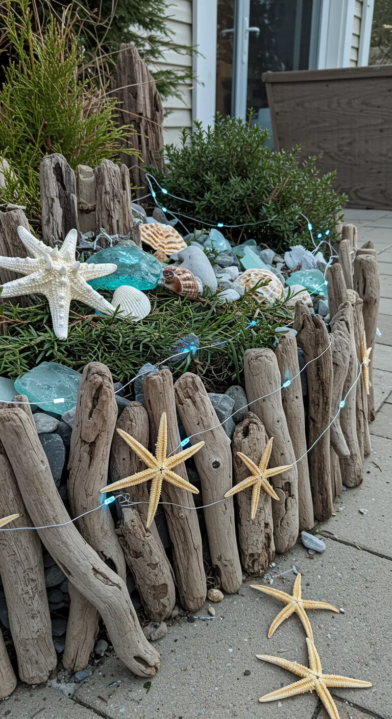 A driftwood garden border decorated with starfish, sea glass, and cool-toned fairy lights.