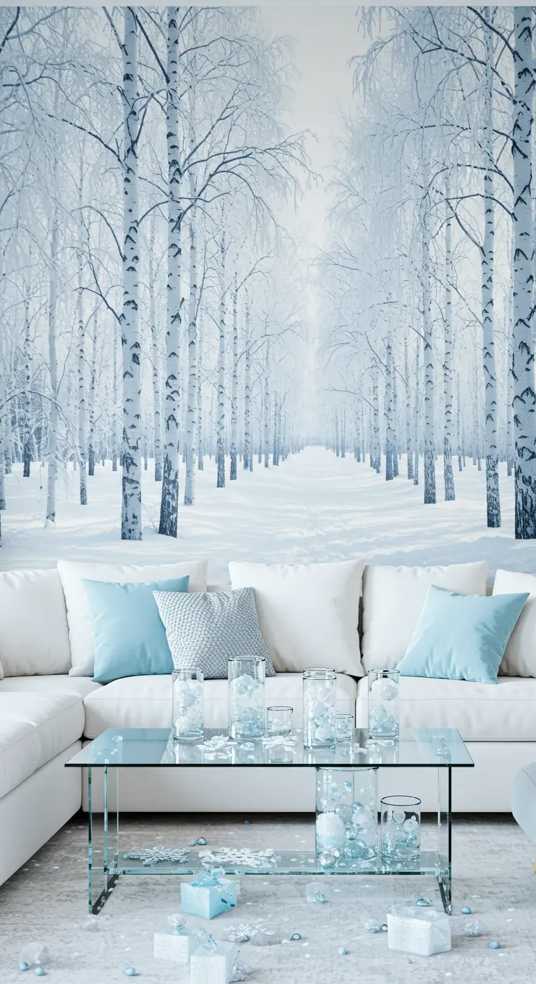 Living room with a snowy birch tree wall mural, white sofa, and icy blue and glass accents.